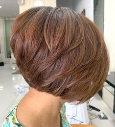 Inverted Bob with Swoopy Layers Inverted Stacked Bob Haircut, Short Inverted Bob With Bangs, Chin Length Bob With Layers, Inverted Stacked Bob, Medium Stacked Haircuts, Inverted Bob With Layers, Long Inverted Bob, Bob Haircut Back View, Inverted Bob Haircut