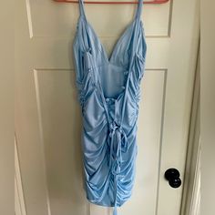 Light Blue Homecoming Dress Size Medium Blue V-neck Ruched Mini Dress, Blue Ruched Homecoming Dress, Blue Ruched Dress For Homecoming, Blue Ruched Spaghetti Strap Dress, Blue Mini Dress For Summer Homecoming, Blue Mini Dress With Spaghetti Straps For Homecoming, Blue Spaghetti Strap Homecoming Mini Dress, Blue Spaghetti Strap Mini Dress For Homecoming, Blue Ruched Mini Dress