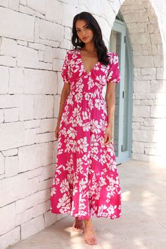 Length from shoulder to hem of size S: 132cm. Chest 39cm, Waist 28cm, size S. Maxi dress. Semi-lined. Model is a standard XS and is wearing XS. True to size. Non-stretch. Elastic waist. Flowy skirt. V-neck. Puff sleeves. Zipper. Cold hand wash only. Cotton. We're in love with this dreamy design. The Five Star Style Maxi Dress features an elastic waist and a flowy skirt. Style with sandals when you want effortless style. Dreamy Design, Long Bodycon Dress, Skirt Style, Pink Maxi Dress, Star Style, Mini Dresses Summer, Style Maxi Dress, Flowy Skirt, Long Sleeve Bodycon Dress