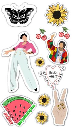 various stickers that include watermelon, sunflowers and two men with peace signs