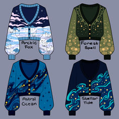 four sweaters with different designs on them and the words arctic fox written in blue