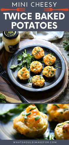 mini cheesy twice baked potatoes on a black plate with herbs and mustard in the background