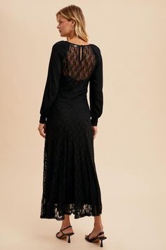 Fitted Lace Dress With Lace Patchwork For Evening, Elegant Contrast Lace Dress For Date Night, Elegant Dresses With Contrast Lace For Date Night, Fitted Lace Maxi Dress With Lace Sleeves, Lace Dress For Evening, Lace Evening Dress With Lace Trim, Black Midi Dress With Contrast Lace, Formal Lace Trim Dress For Fall, Elegant Lace Trim Dress For Fall