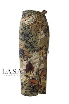 Lasaky - Elegant Floral Patterned Belted Maxi Skirt Long Pencil Skirt, Midi Wrap Skirt, Hippie Skirts, Flower Leaves, Wrap Maxi Skirt, Leaves Print, Boho Skirts, Skirt Vintage, Green Skirt