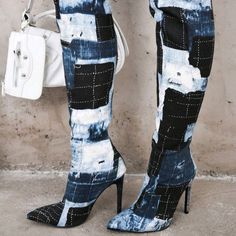 Rhinestone Denim Thigh-High Boots Back Zipper Upper Material: Fabric Insole Material: Fabric Outsole Material: Rubber Trendy Fitted Denim Blue Boots, Spring Blue Boots With Rhinestones, Blue Rhinestone Boots For Spring, Fitted Denim Knee-high Boots, Trendy Blue Boots With Rhinestones, Blue Rhinestone Boots For Fall, Trendy Fitted Rhinestone Boots, Blue Fitted High Heel Knee-high Boots, Fitted Denim Boots For Party