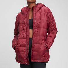 Nwt Lightweight Puffer, Size Large, Primaloft, Maroon, Curved Hem Slightly Longer In Back, Drawstring Attached Hood Chest 22” Length 28” Lightweight Puffer Jacket, Gap Shorts, Gap Jacket, Black Puffer, Gap Women, Maroon Color, Red Jacket, The Gap, Puffer Coat