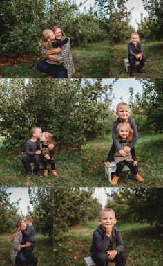 two children are sitting on a bench in an apple orchard with their mother and father