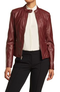 GUESS Faux Leather Racer Jacket | Nordstromrack Leather Jacket With Zipper Closure For Work, Solid Biker Jacket With Zipper Closure For Workwear, Fitted Biker Jacket With Snap Buttons For Fall, Leather Biker Jacket With Snap Buttons For Work, Leather Biker Jacket With Snap Buttons For Fall Workwear, Fall Leather Biker Jacket For Workwear, Fall Leather Biker Jacket With Snap Buttons For Work, Fitted Leather Jacket With Metal Zipper, Spring Leather Jacket For Office