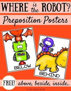 two posters with the words where is the robot? and an image of a dinosaur