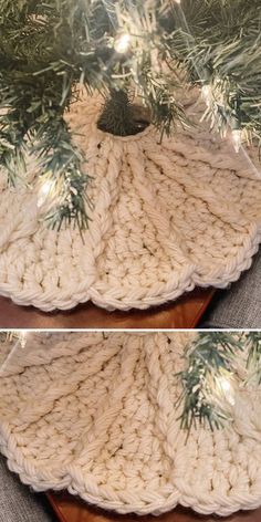 two pictures of a knitted christmas tree skirt