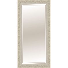 a white framed mirror on a wall with an ornate border around the edges and bottom edge