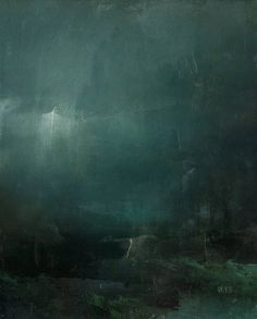 an abstract painting with dark green and black colors on the bottom half of the image