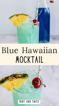 blue hawaiian mocko cocktail with pineapple and cherries