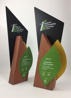 two award plaques sitting next to each other on a white surface with black and green accents