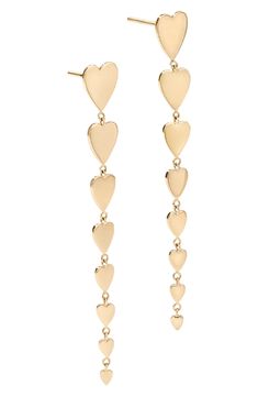 Graduating hearts of 14-karat gold trickle down these drop earrings that bring elegant romance to any look. Post back 2" drop 14k gold Imported Elegant Yellow Gold Teardrop Heart Earrings, 14k Gold Long Drop Linear Earrings For Anniversary, Elegant Teardrop Heart Earrings For Valentine's Day, Elegant Yellow Gold Heart Earrings For Valentine's Day, Elegant Formal Dangle Heart Earrings, Valentine's Day Elegant Teardrop Heart Earrings, Valentine's Day Formal Heart Dangle Earrings, Valentine's Day Heart Dangle Earrings, 14k Gold Heart Earrings For Formal Occasions