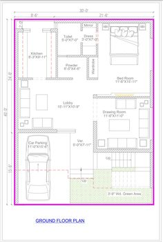 the ground plan for a two bedroom house with garage and living room, as well as a