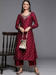 *  Colour: maroon   *  Ethnic motifs embroidered   *  Round neck   *  Long,  regular sleeves   *  Straight shape with regular style   *  Zari detail   *  Calf length with straight hem    *Fabric:-  Silk Blend  *Wash Care:-  Hand Wash *Package Contains:- Only One Kurta AVAILABLE IN 7 SIZES THEY ARE IN FOLLOWING MEASUREMENTS IN INCHES:- XXS:- Bust-32/To Fit Waist-26/Length-44/Hip-36 XS:- Bust-34/To Fit Waist-28/Length-45/Hip-38 S:- Bust-36/To Fit Waist-30/Length-45/Hip-40 M:- Bust-38/To Fit Waist-32/Length-45/Hip-42 L:- Bust-40/To Fit Waist-34/Length-45/Hip-44 XL:- Bust-42/To Fit Waist-36/Length-45/Hip-46 XXL:- Bust-44/To Fit Waist-38/Length-45/Hip-48 NOTE ►► Please feel free to contact us for any further questions.CUSTOMISATION We do customisation ️ ►► Please feel free to contact us for any Red Embellished Traditional Wear With Long Sleeves, Bollywood Style Burgundy Traditional Wear With Resham Embroidery, Traditional Burgundy Wear For Festive Occasions, Festive Burgundy Dupatta With Resham Embroidery, Long Sleeve Art Silk Salwar Kameez With Floral Embroidery, Floral Embroidery Art Silk Salwar Kameez With Long Sleeves, Long Sleeve Traditional Wear With Floral Embroidery For Party, Burgundy Traditional Wear With Zari Work For Festivals, Burgundy Traditional Wear With Zari Work For Festive Occasions