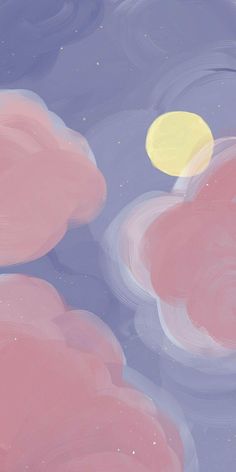 the sky is filled with pink clouds and a yellow moon