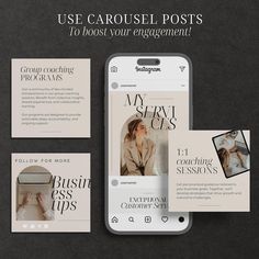 an image of a cell phone with the text, use carousel posts to booster your engagement