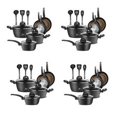 a set of four pots and pans with utensils in them on a white background