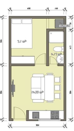 the floor plan for a small apartment with one bedroom and an attached living room area