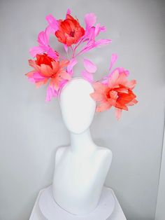 From the 2024 Featured Milliner of the Kentucky Derby Museum  Gorgeous Kentucky Derby hat fascinator  kentucky derby hat fascinator large fluffy coral orange feather flowers with pink feathers headband attachment.  each hat is totally one of a kind! no two are alike! *I can probably add feathers, flowers etc to existing hats for a small fee. I cannot remove anything from existing hats. Just message me and see if we can make it work! :) *I cannot make custom orders from scratch. My schedule is un Crown Affair, Feather Flowers, Flower Costume, Derby Hats Fascinators, Pink Fascinator, Feather Headpiece, Derby Fascinator, Hat Fascinator, Flower Fascinator