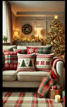 a living room filled with furniture and christmas decorations on the wall behind it is a couch covered in plaid throw pillows