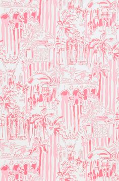 a pink and white wallpaper with palm trees on the outside, in front of a building