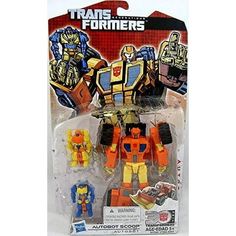 the action figure has an orange and yellow robot with black accents on its head, and is