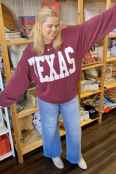 Texas Girls! This texas graphic sweater features a round neckline, cord look and longsleeve! Great top for gameday or a casual day out! Pair with denim and sneakers! Sleeves can roll for a stylish look! The perfect #ootd! Texas Graphic, Wine Sweater, Texas Girls, Tie Headband, Graphic Sweaters, Drop Shoulder, Round Neckline