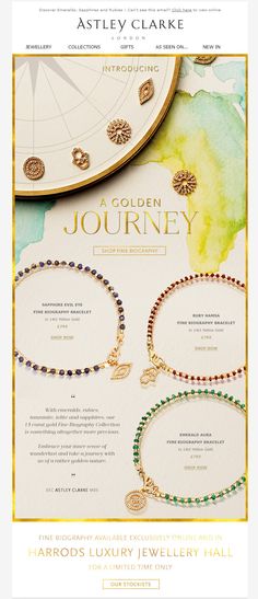 an advertisement for the golden journey jewelry collection, featuring bracelets and necklaces in various colors