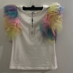 Multi Color Ruffle Top Size Small Super Cute!!!!Nwt T Shirt Hacks, Sewing Challenge, Shirt Hacks, Upcycle Tshirt, Cupcakes And Cashmere, Ruffled Sleeve Top, Asymmetrical Tops, Ruffle Top, Upcycle Clothes