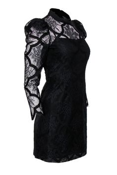 Go lush in lace with this Sandro frock! The iconic LBD is given a romantic upgrade with a delicate floral lace and embroidered design and precious puff sleeves. The perfect little statement piece for your next cocktail party. Add some glitz with shiny heels and statement earrings and you'll be looking tres chic! Size 4 (FR 36) Shell: 59% Nylon, 41% Polyester Trim: 100% Silk Skirt lining: 100% Cotton Top lining: 100% Polyester Concealed back zipper Lined Sheath silhouette High neckline w/ collar Gala Lace Dress With Fitted Bodice, Gala Lace Dress With Fitted Bodice And Lace Sleeves, Fitted Lace Dress With Lace Sleeves, Fitted Lace Patchwork Evening Dress, Fitted Lace Patchwork Dress For Evening, Fitted Lace Dress With Lace Sleeves For Gala, Formal Lace Dress With Sheer Sleeves, Lace Dress With Long Sleeves And Fitted Bodice, Lace Dress With Fitted Bodice For Evening