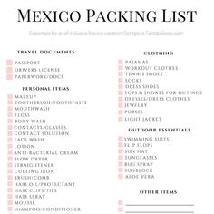 the mexico packing list is shown in pink and white