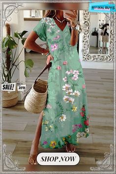 Women's Long Dress Maxi Dress Casual Dress A Line Dress Print Dress Flower Fashion Streetwear Daily Date Vacation Split Print Short Sleeve V Neck Dress Regular Fit White Green Beige Spring Summer S M Green Floral Short Sleeve Beach Dress, Green Short Sleeve Floral Dress For Beach, Green Floral Beach Dress With Short Sleeves, Green Floral Print V-neck Dress, Green Printed Maxi Floral Dress, Green V-neck Dress With Floral Print, Green Floral V-neck Summer Dress, Casual Green V-neck Floral Dress, Casual Green Floral Dress With V-neck