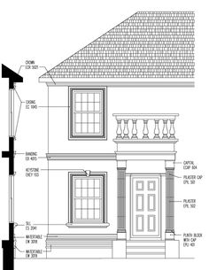 the front elevation drawing of a house with windows and balconies on each side