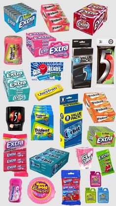 many different types of chewing products are shown in this graphic style, including toothpaste and mouthwashes