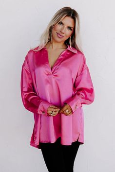 – Simple and stunning for a sweet night out – Lightweight, soft textured material – V-cut, collared neckline – Long, loose sleeves with button closure cuffs – Relaxed, flattering silhouette that ends in a straight upper-thigh hemline Chic Pink V-neck Blouse, Pink Collared Solid Color Blouse, Collared Solid Pink Blouse, Pink Collared Blouse With Solid Color, Pink Solid Color Collared Top, Trendy Pink Collared Blouse, Trendy Pink Blouse With Collar, Chic Pink Blouse For Fall, Chic Pink Fall Blouse