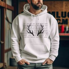 *Welcome to Cast Iron & Cotton*  Looking for the perfect gift for the deer hunter in your life?? This would be an excellent gift for your husband, boyfriend, father, son, and also all you female outdoorsman!! These are unisex so don't worry ladies - we haven't forgotten you!! Be ready for the Fall cool down with this soft, warm hoodie! *PRODUCT DETAILS* *50/50 cotton and polyester blend making it plush, soft, and warm *Medium Heavy fabric *Spacious kangaroo pouch *Drawstring with same color base as sweatshirt *SIZE & FIT* *Classic Fit *Tear away label *Runs true to size *Unisex *Sizing Chart included in images *CARE INSTRUCTIONS* *Bleach as needed *Do not dry clean *Iron, steam or dry: low heat *Machine wash, warm (max 40C or 105F) *Tumble dry, medium heat *RETURNS & EXCHANGES* Not accepte Hunting Gifts For Boyfriend, The Deer Hunter, Archery Shop, Bow Rack, Deer Sweatshirt, Cricut Projects Easy, Pouch Drawstring, Deer Season, Deer Hunter