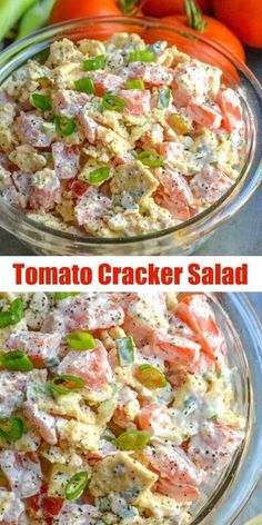 two pictures of tomato cracker salad in glass bowls