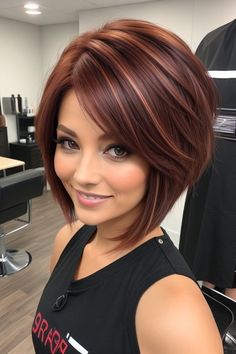 Discover 30 stunning fall hair colors, from rusty red to deep teal, perfect for adding warmth and style to your look this season. Short Dark Fall Hair, Cute Fall Hair Colors For Brunettes, Red Highlights On Dark Hair Short, Red Highlights Short Hair, Short Hair Burgundy, Fall Hair Short, Red Hair Short Bob, Short Reddish Brown Hair, Warm Fall Hair Color