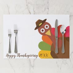 a thanksgiving card with a turkey holding a fork and knife on top of a marble table