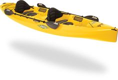 a yellow kayak with two seats attached to the front and side of it, on a white background