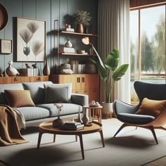 a living room filled with furniture next to a large window covered in plants and potted plants