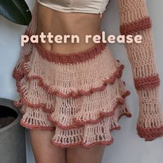 there is a woman wearing a crochet skirt and crop top with the words pattern release on it