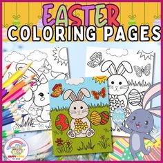 an easter coloring page with bunny, rabbit and butterfly on the grass in front of it