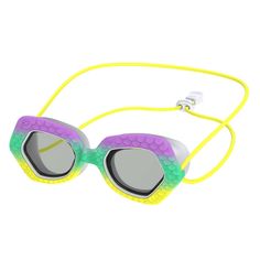 a child's swimming goggles with yellow cord and grey lenses on white background