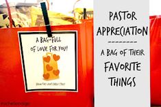 a red bag with a sign on it that says pastor appreciation of love for you