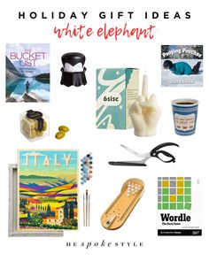 holiday gift ideas for the white elephant in your life, including books, candles, and more