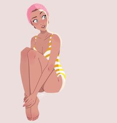 a woman with pink hair sitting on the ground wearing a yellow and white striped bathing suit